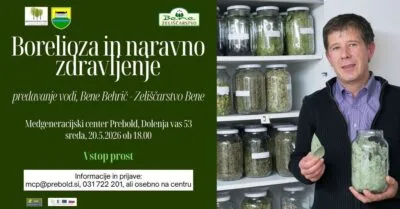 Poster advertising a talk on Lyme disease and natural healing; man holding a jar of herbs beside labeled jars on shelves.